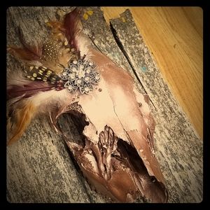 ☠Rose Gold Deer Skull Feathers Swarovski Crystals Western Decor Hunting Wall Art